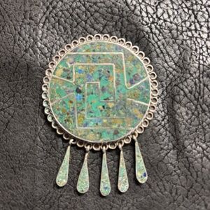 Taxco vintage pendant/brooch combo- sterling silver inlaid turquoise